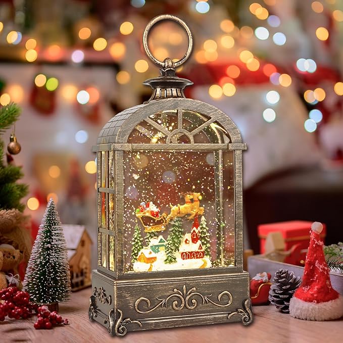 Christmas Snow Globes Lantern,Musical Snow Globes,Christmas Decorations Indoor for Home,Battery Or USB Powered,with 6 Hour Timer,Christmas Lantern for Festival Decoration,Reindeer Vehicle-Ruum Studio Home