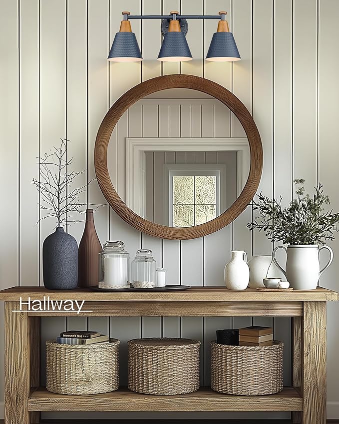 FEMILA Bathroom Vanity Light, 3-Light Modern Bathroom Light Fixture with Hammered Metal Shade Finish, Dark Blue Wall Sconce Lamp Lighting for Bedroom, 4FG59B-3W Blue-Ruum Studio Home
