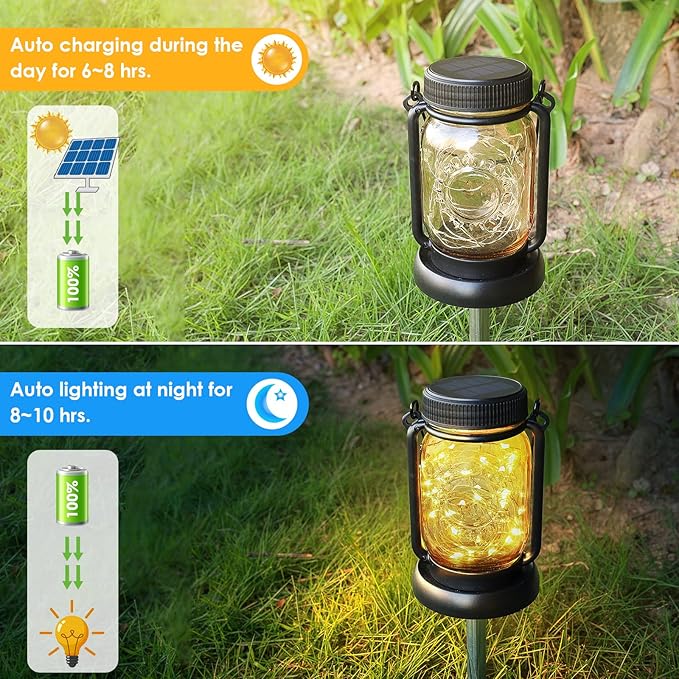 Mlambert 4 Pack Solar Hanging Lantern with Stakes, Outdoor Waterproof Solar Mason Jar Fairy String Lights Decorative Vintage Glass Lamp-Warm White-Ruum Studio Home