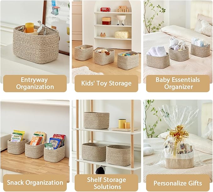 Small Cotton Rope Storage Basket Set of 3-11"x7"x7" Perfect Woven Baskets for Storage, Ideal Storage Baskets for Organizing Toys, Towels, and More - Baskets for Shelves and Home Decor（Beige）-Ruum Studio Home