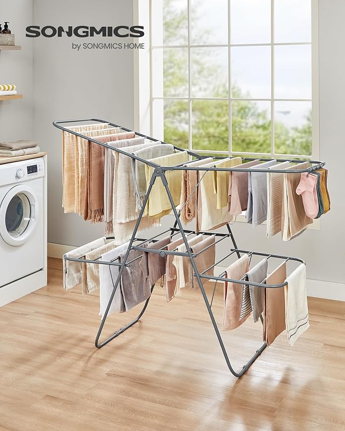 SONGMICS Clothes Drying Rack, Foldable 2-Level Laundry Drying Rack, Free-Standing Laundry Airer, with Height-Adjustable Wings, 33 Drying Rails, Sock Clips, Gray ULLR053G02V1-Ruum Studio Home