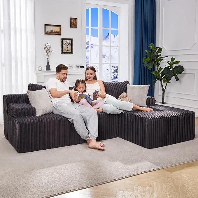Hobestluk 96” Modular Sectional Sofa Couches L-Shape Couch 3 Seat Modular Sofa Memory Foam Sectional Couches for Living Room, Cloud Couch with Oversized Chaise (Grey, Stripe (Right Facing Chaise))-Ruum Studio Home
