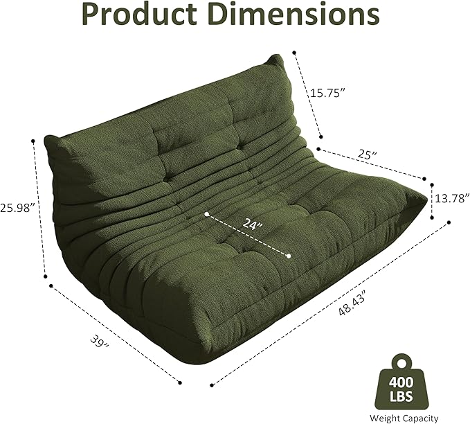 Bean Bag Chair, Oversized Loveseat Fireside Chair for Adults, 2 Seater with Memory Foam Filled, Lazy Sofa Lounge Floor Sofa for Living Room, Bedroom, Office, No Assembly Required. (Green)-Ruum Studio Home