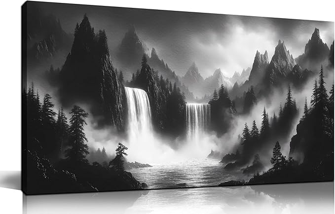 Mountain Wall Pictures for Living Room Decor - Black and White Wall Art Bedroom - Waterfall Canvas Wall Art for Office Size 20" x 40"-Ruum Studio Home