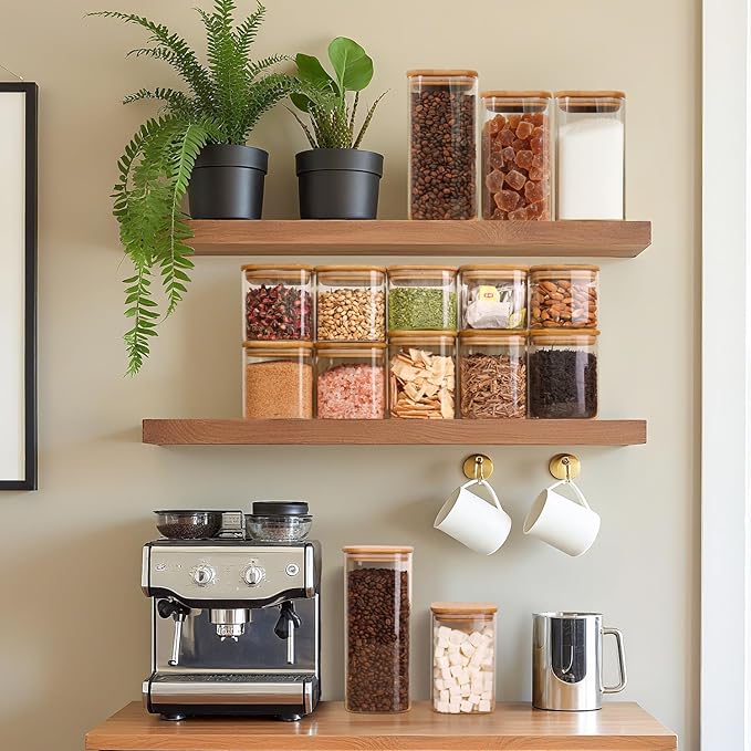 ComSaf Glass Storage Containers with Lids, 1.2 Qt Glass Jars with Lids, Clear Food Storage Jar, Canister For Pantry Cookie Flour Cereal Rice Sugar Tea Coffee Beans Spice, Square Set of 4-Ruum Studio Home