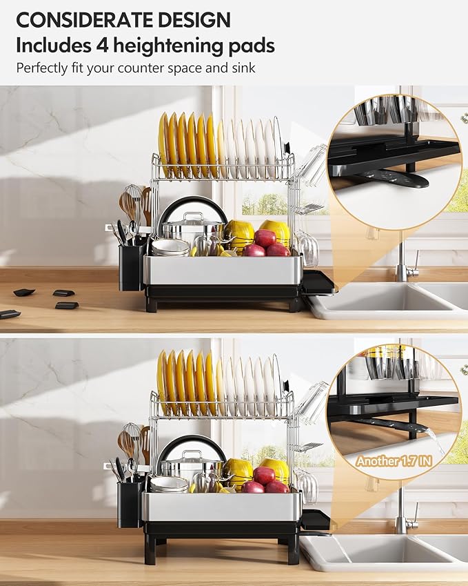 BOOSINY Dish Drying Rack with Drainboard, Stainless Steel Dish Rack, 2 Tier Extra Large Dish Drainer with Cup Holder and Utensil Holder for Kitchen Counter-Ruum Studio Home