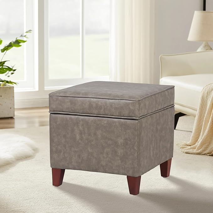 Adeco 17.5" Square Faux Leather Ottoman with Storage - Upholstered PU Foot Rest - Flip Top Footstool with Sturdy Wood Legs, Small Cube Coffee Table Extra Seat for Living Room, Bedroom, Coffee Brown-Ruum Studio Home
