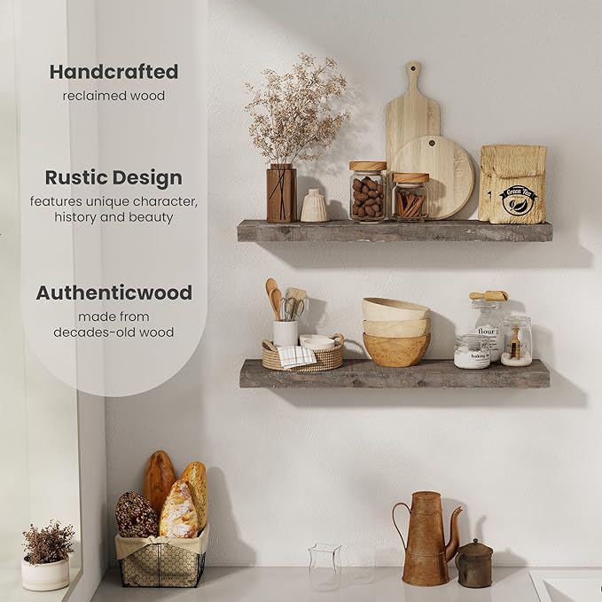 Floating Shelves, 8 Inch Deep Rustic Solid Reclaimed Wood Wall Shelves for Storage, Wall Mounted Display Shelving with Invisible Heavy-Duty Metal Bracket, 30 Inch Width Set of 2, Grey-Ruum Studio Home