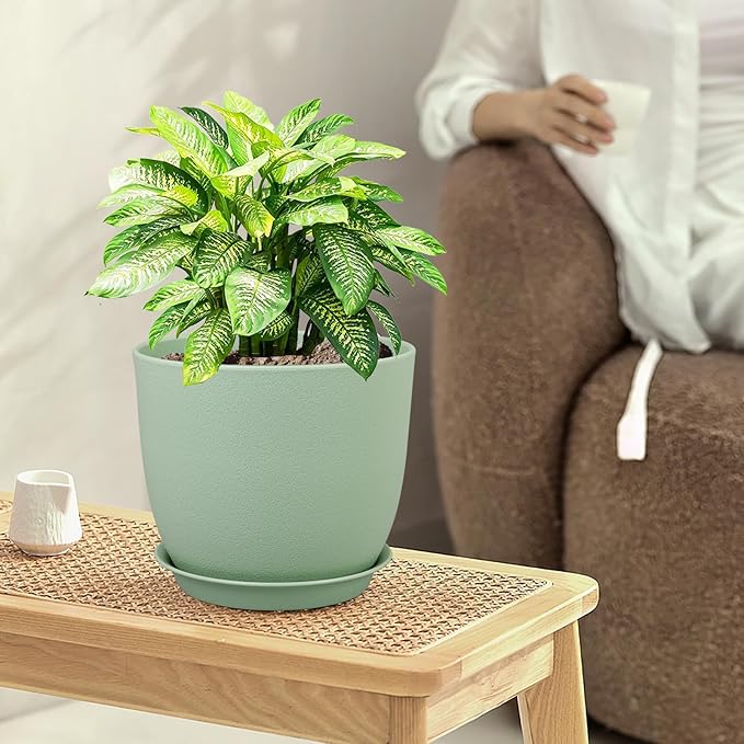 Large Plant Pots 12/10/9 inch, Set of 3 Modern Decorative Plastic Planters with Drainage Holes and Saucers, Flower Pots for Indoor Outdoor Plants, Green-Ruum Studio Home