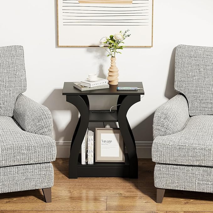 End Table with Charging Station, Side Table with USB Ports and Outlets, Nightstand, 3 Tier End Table with Storage Shelf for Living Room, Bedroom (Black)-Ruum Studio Home