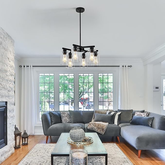 6-Light Black Modern Farmhouse Chandelier for Dining Room Ceiling Light Fixture with Clear Glass Shades, Adjustable Hanging Industrial Pendant Lighting for Living Room Kitchen Island Bedroom Entryway-Ruum Studio Home
