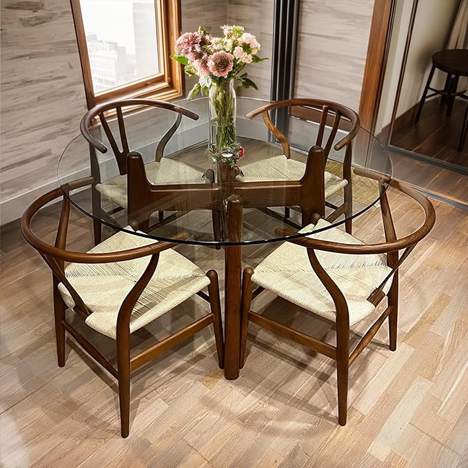 Wishbone Chair Natural Solid Wood Dining Chair/Hans Vegner Y Chair Rattan and Wood Accent Armrest Chairs (Ash Wood - Walnut)-Ruum Studio Home