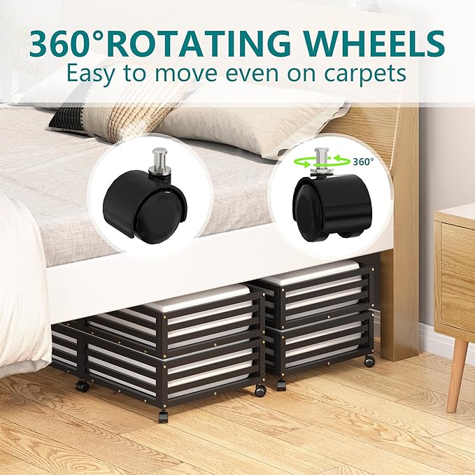 Bamboo Under Bed Storage Containers- Underbed Organizer with Wheels with Large Dust Bag,Sturdy Wood Rolling Under the Bed Shoe Storage Organizer Drawer 2 Packs (Black, Long)-Ruum Studio Home