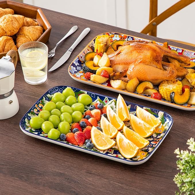 vancasso Serving Platters Set of 3, 16"/14"/12" Inch Rectangular Trays - Serving Platter Extra Large, Bohemian Ceramic Serving Dish for Entertaining Food, Microwave & Dishwasher Safe, Colorful-Ruum Studio Home