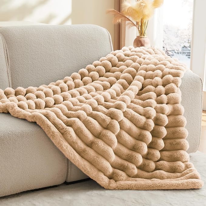 BEDELITE Faux Fur Throw Blanket for Couch, Soft and Cozy Luxurious 3D Striped Fluffy Blanket, 770GSM Thick Warm Plush Fuzzy Faux Rabbit Fur Blanket for Women Gift (Brown, 60"x 80")-Ruum Studio Home