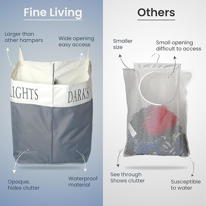 The Fine Living Co. X-Large Two Compartments Hanging Laundry Hamper with Over Door Hooks, Durable Space Saving Laundry Bag Storage with Bottom Zipper, Wide Open Top Dark/Light Compartment(25"x10"x31")-Ruum Studio Home