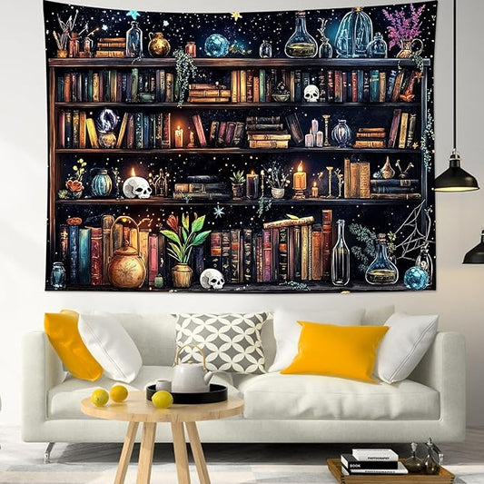 HVEST Magic Bookshelf Tapestry Wall Hanging Vintage Bookshelf Witchy Books Plant Skull Gothic Halloween Tapestry Aesthetic Starry Sky Tapestries for Bedroom Living Room Dorm, 51L x 59W Inches-Ruum Studio Home