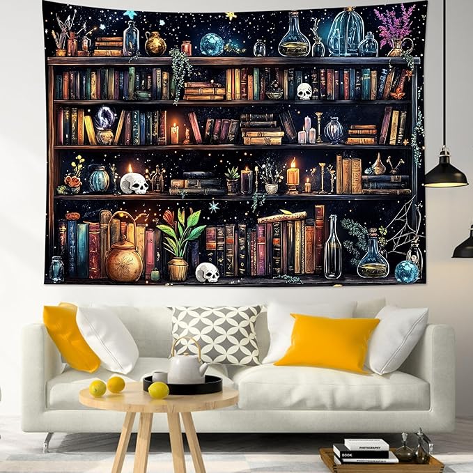 HVEST Magic Bookshelf Tapestry Wall Hanging Vintage Bookshelf Witchy Books Plant Skull Gothic Halloween Wall Decor Starry Sky Tapestry for Bedroom Living Room Dorm, 60L x 80W Inches-Ruum Studio Home