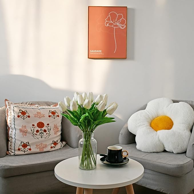 Mandy's Artificial Tulips 20 Stems White PU Faux Flowers for Wedding Home Decor 13.5 Inch-Ruum Studio Home