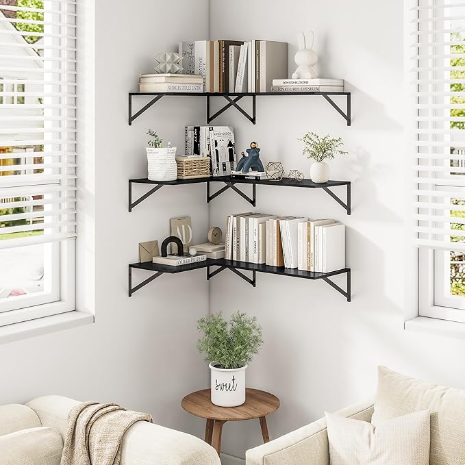 Heimlove 24" W x 12" D Wall Shelves for Books, 12 Inch Deep Floating Shelves Set of 3, Wide Floating Bookshelf with Metal Bracket for Living Room, Kitchen, Office, Bedroom and Decor Storage - Black-Ruum Studio Home
