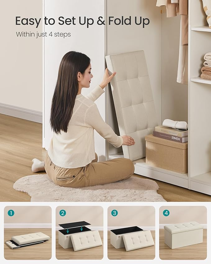 SONGMICS MAZIE Collection - 30 Inches Folding Storage Ottoman Bench, Ottoman Foot Rest, End of Bed Bench, Storage Chest, Load 660 lb, for Living Room, Bedroom, Entryway, Cream White ULSF47BE-Ruum Studio Home