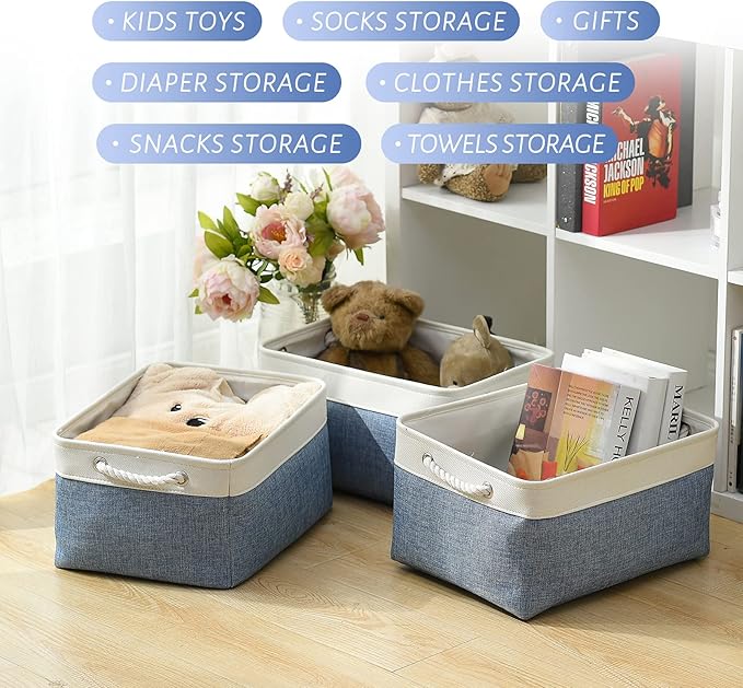 TcaFmac Storage Bins for Organization - Large 3 Pack Canvas Storage Basket for Shelves with Handles, Collapsible Baskets for Organizing for Closet Dog Laundry (White & Blue16x12x8 inch)-Ruum Studio Home