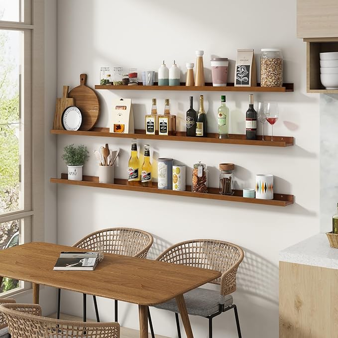 Picture Ledge Wall Shelves 24 inch Width Set of 2, Solid Pine Wood Rustic Floating Ledge Shelves for Wall for Kids' Room Bedroom Kitchen Bathroom Living Room Nursery Display Wall Decor, Walnut-Ruum Studio Home