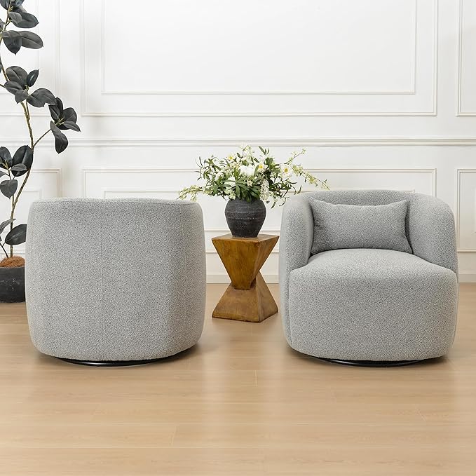 KINWELL 34" Wide Sherpa Swivel Barrel Chairs Set of 2, No Assembly Round Boucle Upholstered Accent Chairs Armchairs Single Sofa Chair with Toss Pillow for Living Room and Bedroom, Gray-Ruum Studio Home