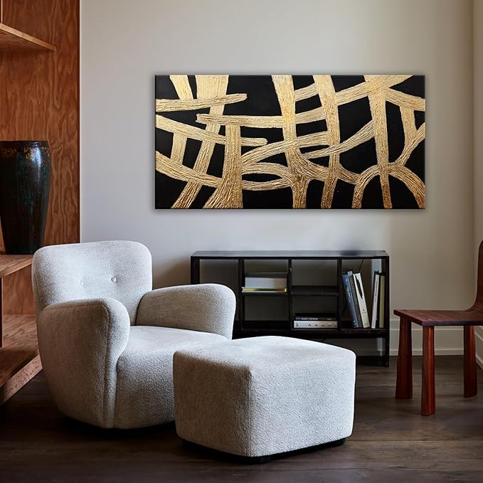 Abstract Wall Art Paintings Canvas Wall Art Decor Black And Gold Lines Artwork for Walls Texture Wall Decorations Modern Minimalist Wall Art Living Room Decor For Room Bedroom Office Wall Decor 24"X48"-Ruum Studio Home