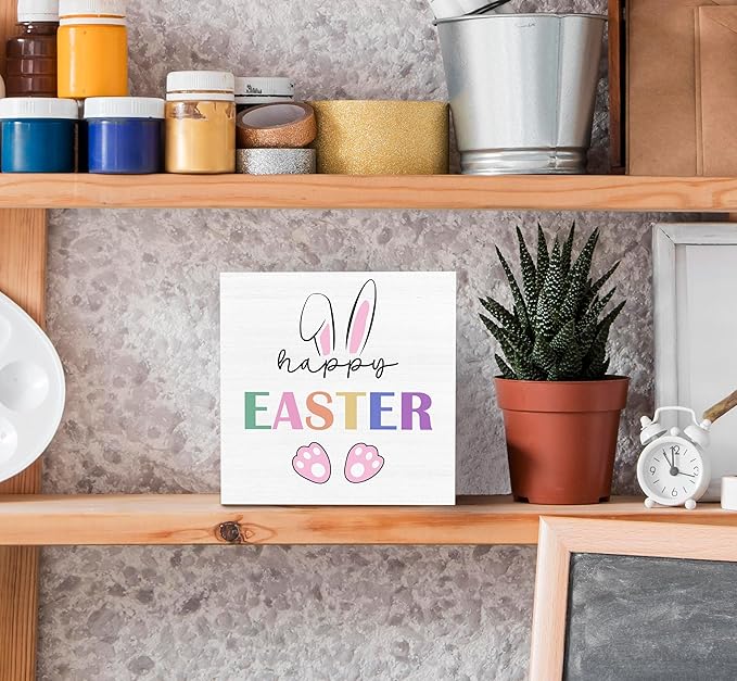 SRADMO Happy Easter Sign, Cute Bunny's Ear Easter Wood Box Sign Desk Decor, Easter Bunny Decorations, Easter Theme Wooden Block Box Sign Decoration for Home Office Shelf Table Decor-Ruum Studio Home
