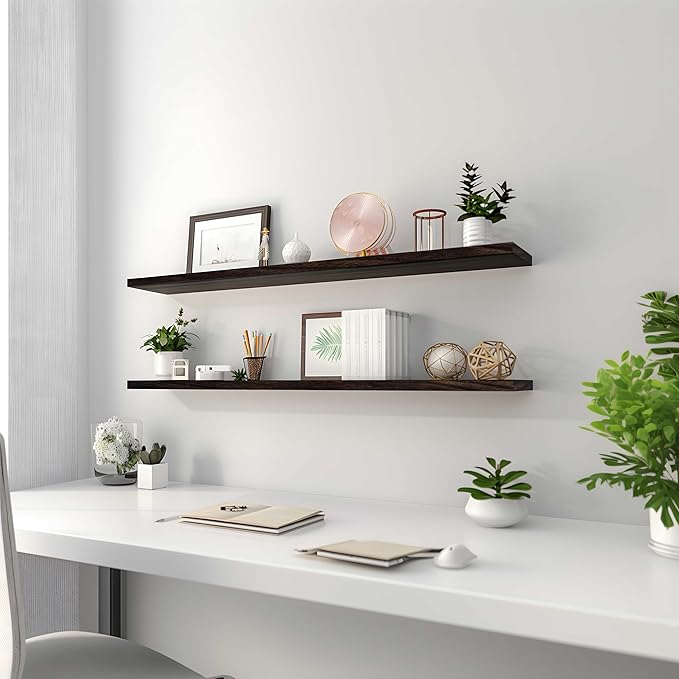 Wood Floating Shelves for Wall Decor, Rustic Wall Shelves for Bedroom Bathroom Kitchen Living Room, Set of 4 Walnut 48 Inch-Ruum Studio Home