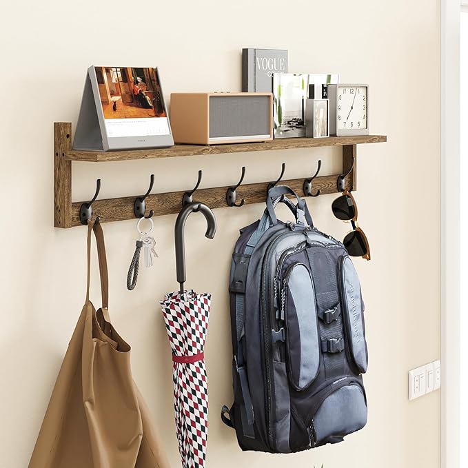 BAMEOS Coat Rack Wall Mount, Large Wooden Coat Hooks with Shelf, 35" L, 7 Dual Metal Hooks for Entryway, Bathroom, Kitchen, Living Room, Bedroom-Ruum Studio Home