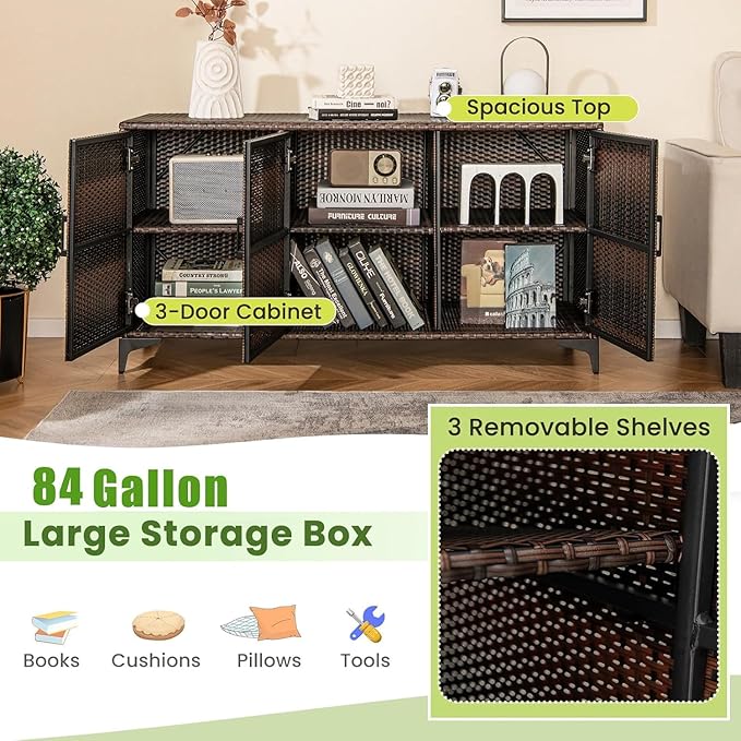 RELAX4LIFE 84-Gallon Outdoor Storage Box - Wicker Rattan 3-Door Patio Storage Cabinet Container w/Removable Shelves for Cushions, Garden Tools, Pool & Sports Equipment, Indoor Outdoor Deck Box (Brown)-Ruum Studio Home