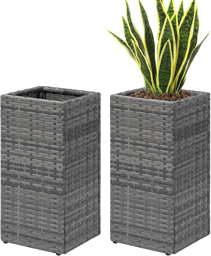 SUNNYPARK 2 Pack Tall Planters for Outdoor Plants Rattan Modern Tall Square Planter Box with Removable Liners Indoor Outdoor Porch Patio Flower Pot (12’’ x 12’’ x 24’’)-Ruum Studio Home