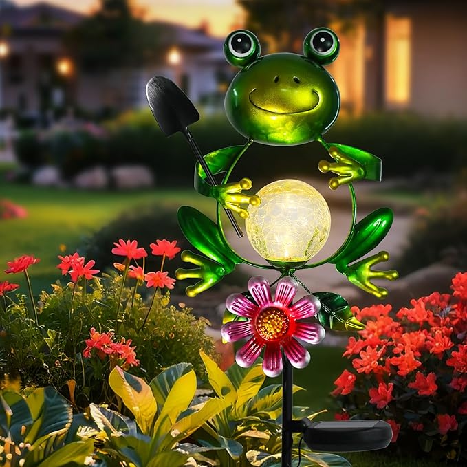 Afirst Solar Lights Outdoor Decorative Metal Frog Crackle Glass Globe Warm White LED Metal Waterproof Garden Stake Lights for Walkway Pathway Lawn Patio Yard Decorations-Ruum Studio Home