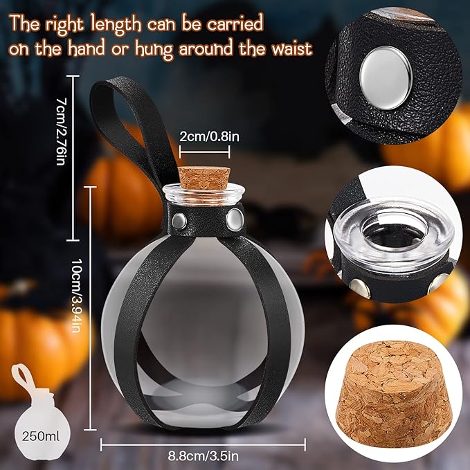 Patelai 2 Pcs Halloween Glass Potion Bottles with Belt Cork Renaissance Witch Costume Accessories Witch Props Potion Bottle for Halloween Party Decor Cosplay DIY Crafts Gift (Black)-Ruum Studio Home