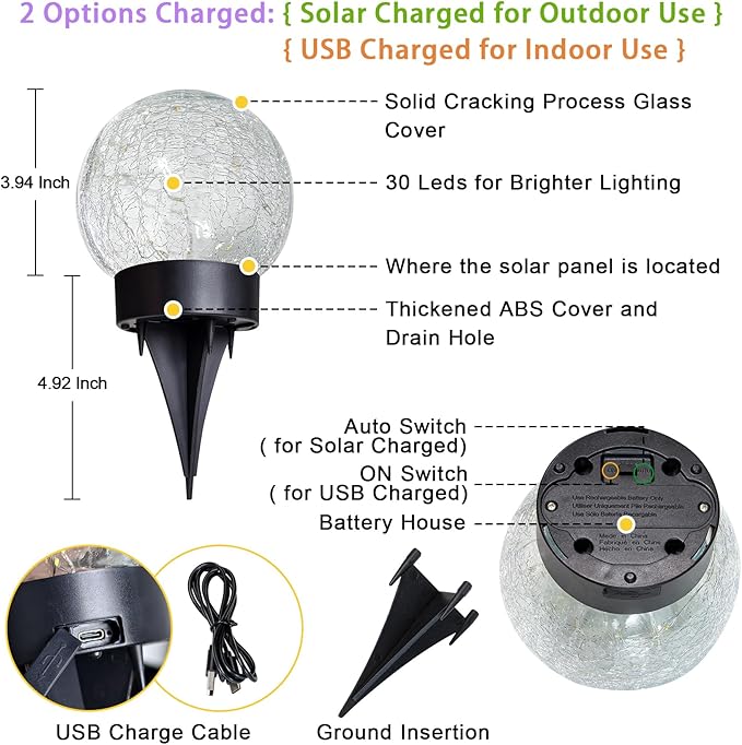 Beautyard Solar Globe Lights Outdoor USB Charged Garden Decor 3.94" Diameter 30LED 1000mAh Solar Globe Lights for Outdoor Indoor Mothers Day Gifts Holiday Decor(3.94'' Medium 4 Pack Warm White)-Ruum Studio Home