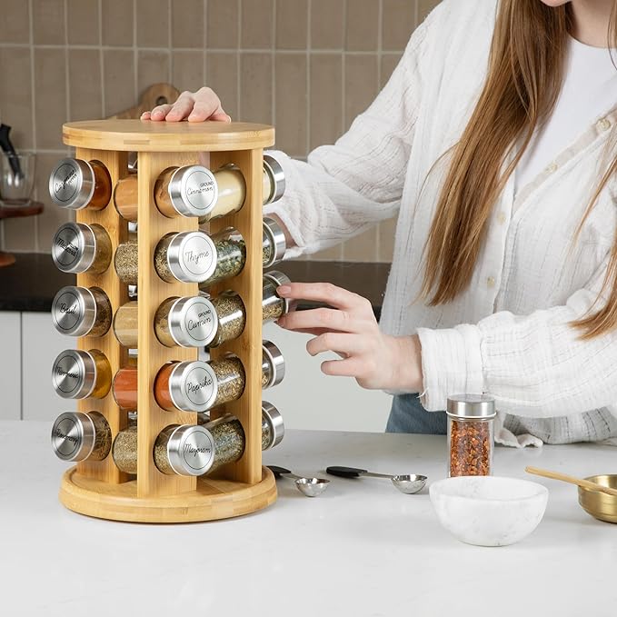 Orii 20 Jar Bamboo Spice Rack with Spices Included - Rotating Tower Organizer for Kitchen Spices and Seasonings, (Bamboo Wood)-Ruum Studio Home