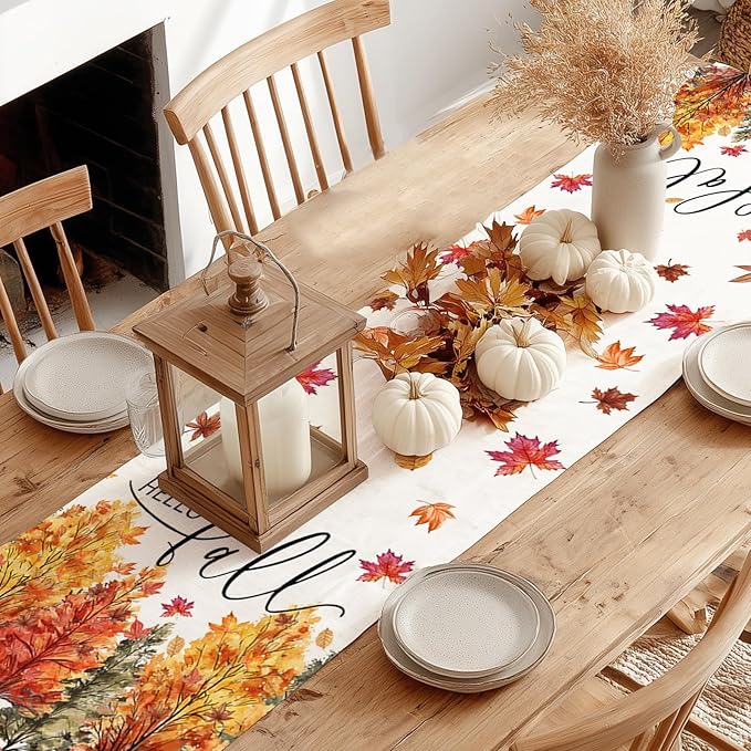 GEEORY Fall Watercolor Trees & Maple Leaves Table Runner 13x72 Inch, Rustic Farmhouse Autumn Thanksgiving Decor for Kitchen, Dining, Indoor/Outdoor Holiday Dinner Party Orange Red GT160-72-Ruum Studio Home