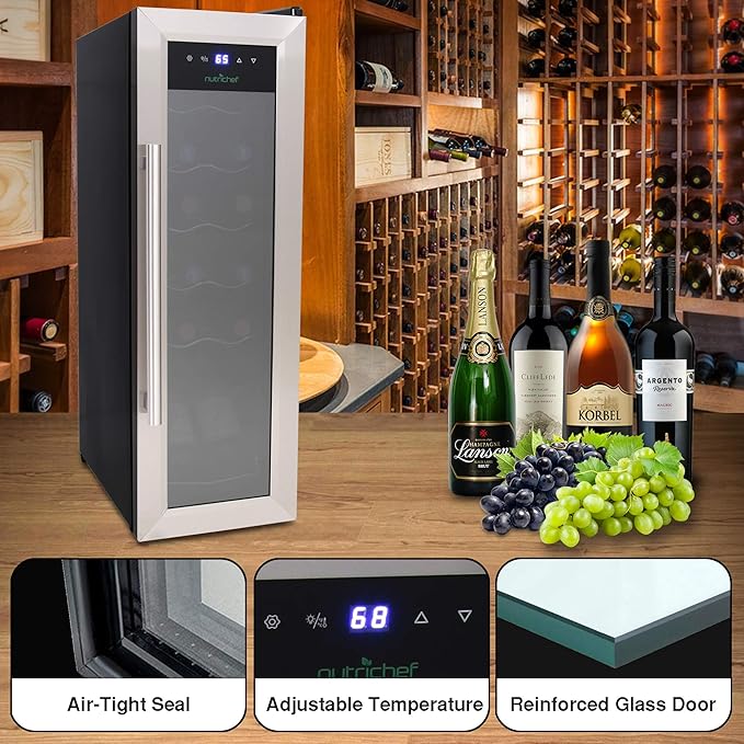 NutriChef PKCWC12 12 Bottle Cooler Refrigerator White and Red Countertop Chiller, Freestanding Compact Mini Wine Fridge with Digital Control, Stainless Steel-Ruum Studio Home