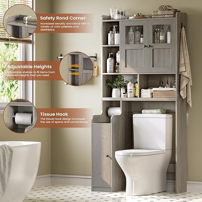 Itaar Over The Toilet Storage Cabinet, Over Toilet Bathroom Organizer with Glass Doors & Toilet Paper Holder Stand, Home Space-Saving Toilet Rack, for Bathroom, Restroom, Laundry, Grey-Ruum Studio Home