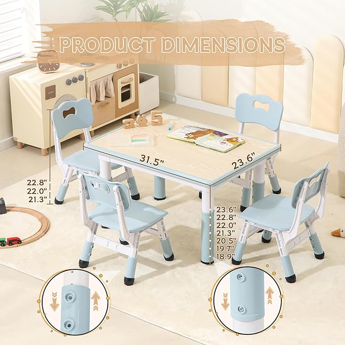 Height-Adjustable Kids Table and Chairs, 31.5''L x 23.6''W Toddler Table and 4 Chairs Set with Anti-Slip Foot Covers, Children Activity Table for Ages 2-10, Graffiti Desktop-Ruum Studio Home