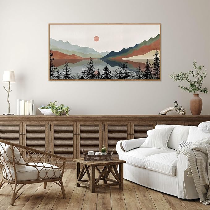 Tinonedraw Boho Mountain Framed Canvas Wall Art Set, Watercolor Nature Landscape Wall Decor, Neutral Modern Sunrise Artwork, Black Pine Trees Forest Art Prints for Living Room Bedroom Office 20"x40"-Ruum Studio Home