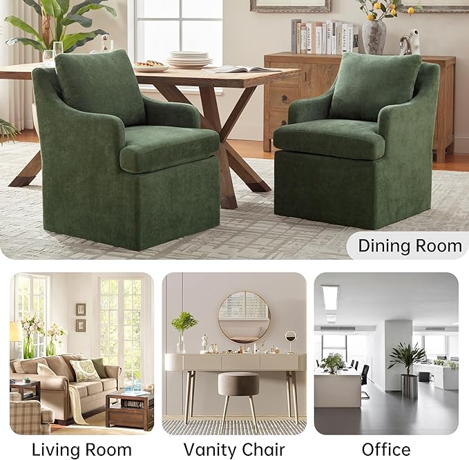 VKNOW Upholstered Dining Chairs Set of 2, Modern Kitchen Chair Dinner Chairs with 4 Casters, Linen Armchair for Bedroom Reading Room, Green-Ruum Studio Home