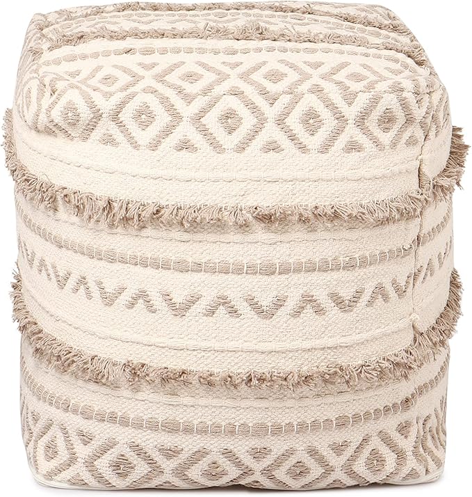 REDEARTH · Tufted Pouf Ottoman with Filler Textured Storage Cube Bean Bag Pouffe Footrest for Living Room, Bedroom, Nursery, Kidsroom; 100% Cotton (17.5"X17.5"X17.5", Geometric Craft Taupe)-Ruum Studio Home
