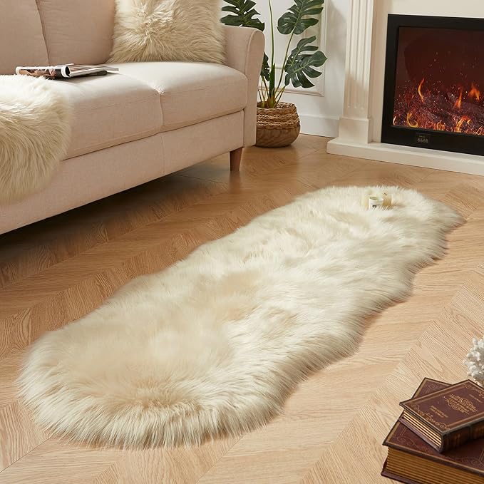 AMTOVO Faux Sheepskin Rug, Beige Ultra Soft Fluffy Shag Area Rug, 2 x 6 ft Faux Fur Rug for Bedroom Sofa Throw Cushion Room Decor, Sheepskin-Ruum Studio Home