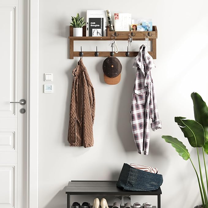 AMBIRD Wall Hooks with Shelf 26.57inch Entryway Wall Hanging Shelf Wood Coat Hooks for Wall with Shelf Coat Rack Wall Mount Rack with 5 Dual Hooks 3 Key Hooks Mail Organizer and Key Rack Key Holder-Ruum Studio Home