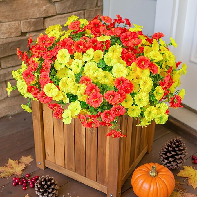 Artificial Mums for Outdoors Fake Fall Flowers Plants for Autumn Decoration, 12 Bundles Silk Morning Glory with Eucalyptus Look Real UV Resistant Faux Mums for Outside Planters Yard Patio Porch, Mix-Ruum Studio Home