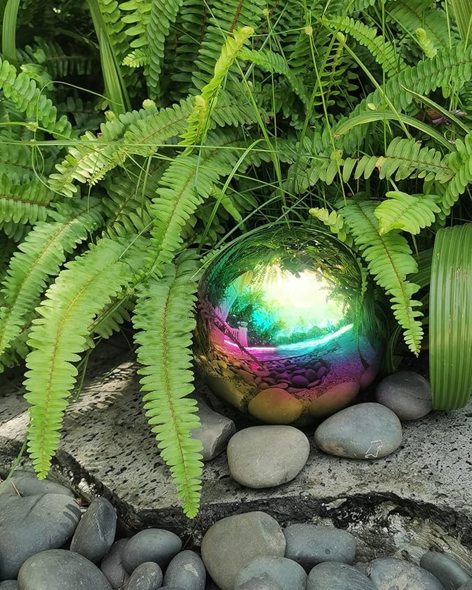 Rainbow Gazing Globe Mirror Ball in Stainless Steel, Shiny Hollow Sphere Sparkling Housewarming Outdoor Ornament (6 Inch)-Ruum Studio Home