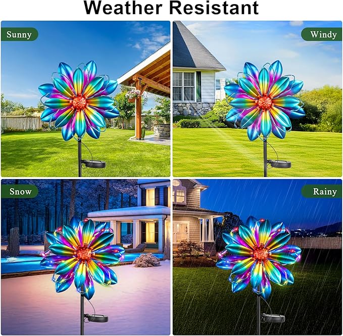 Flower Solar Wind Spinners- Metal Colorful Spinning Windmill Garden Ligths with LED Outdoor Decorative Stake Lighting Waterproof Flower Sculpture for Patio Yard-Ruum Studio Home